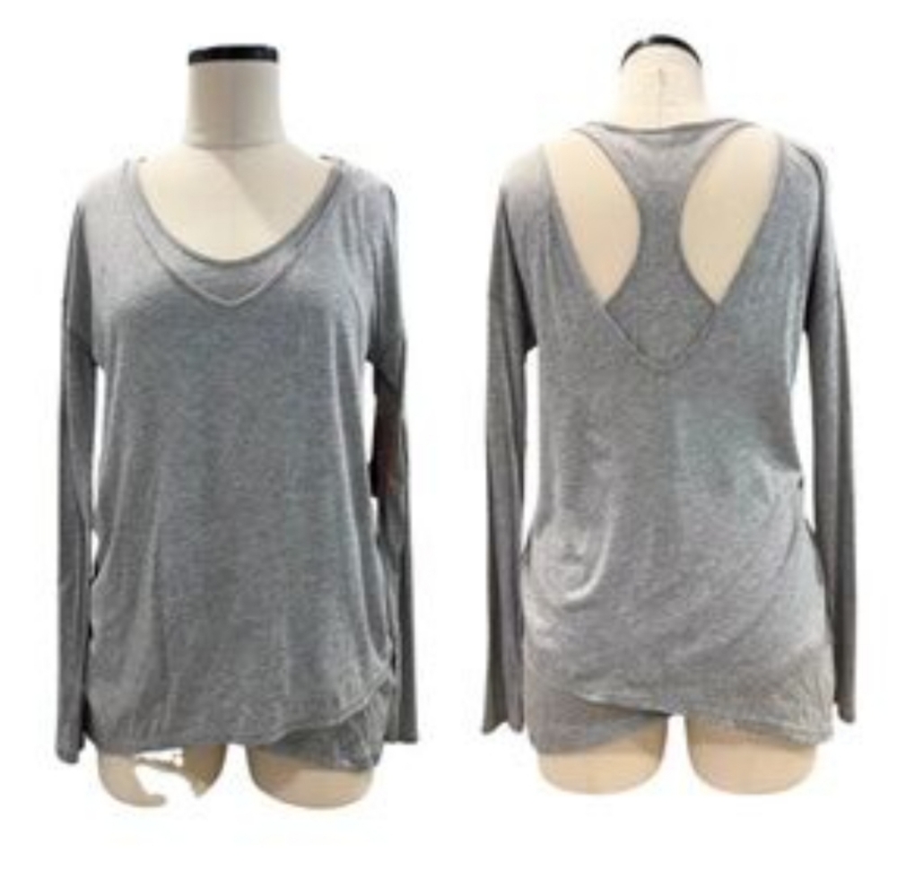 Zella Silver Slate V-Neck Long Sleeve Asymetrical Hem Top Medium